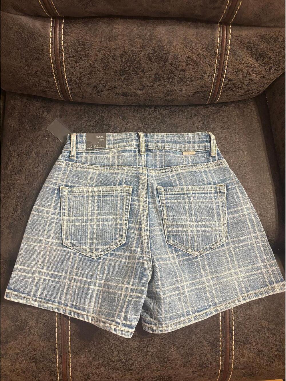 Tractr Plaid Denim Shorts High Rise Size 00 24 NWT Slim Fit Trendy Check Print - Picture 6 of 8